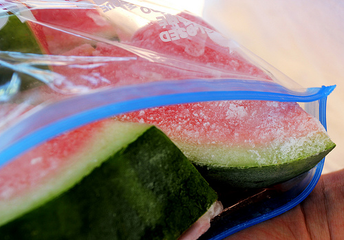 A baggie full of frozen melon